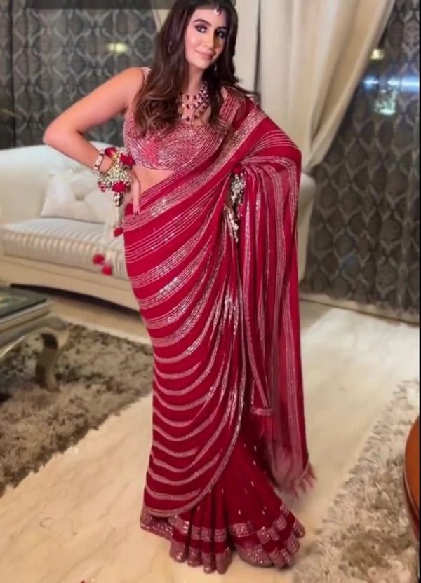 Red Georgette Embroidery Pallu Saree - Image 4