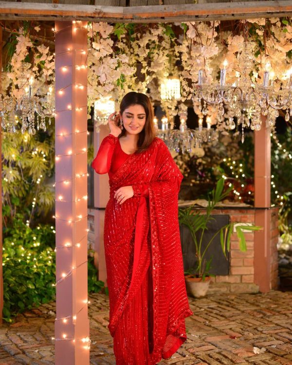 Dazzling Red Color Georgette Embroidery Sequence Work Saree