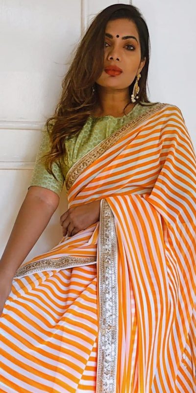 Fancy Orange Color Printed Georgette Embroidery Work Saree