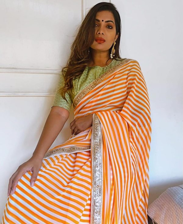 Fancy Orange Color Printed Georgette Embroidery Work Saree