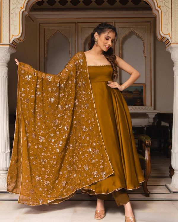 Gorgeous Coffee Heavy Faux Georgette With Fully Flair Salwar Suit