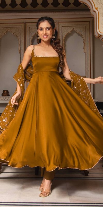 Gorgeous Coffee Heavy Faux Georgette With Fully Flair Salwar Suit