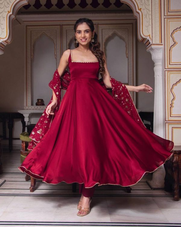 Red Heavy Faux Georgette With Fully Flair Salwar Suit - Image 2