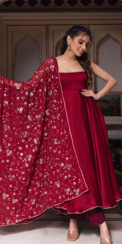 Gorgeous Red Heavy Faux Georgette With Fully Flair Salwar Suit