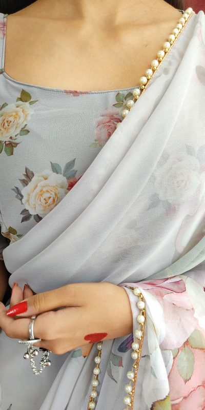 Graceful Grey Color Georgette Printed with pearl lace border Saree