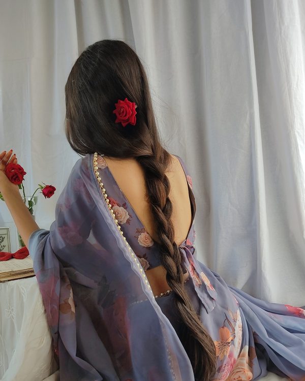 Graceful Violet Color Georgette Printed Pearl Lace Border Saree