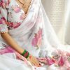 White Georgette Printed Pearl Lace Border Saree