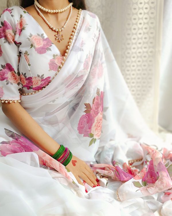 Graceful White Color Georgette Printed pearl lace border Saree