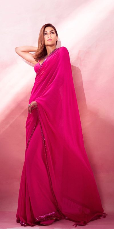 Kriti Sanon Pink Color Georgette Embroidery Deual Sequence Saree