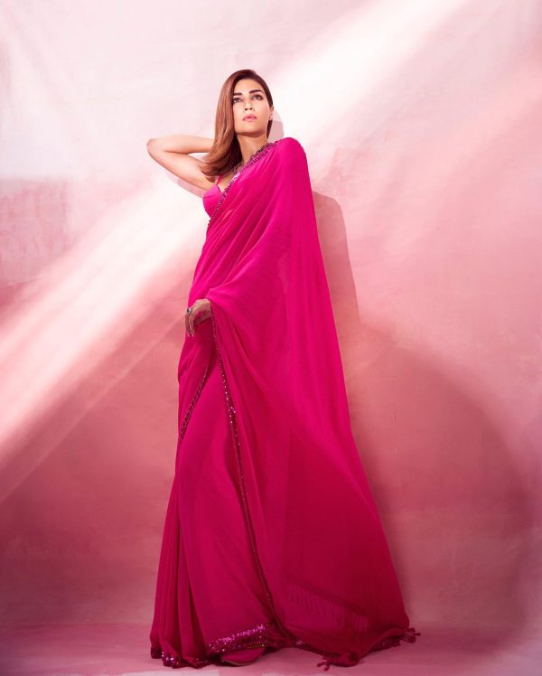 Kriti Sanon Pink Color Georgette Embroidery Deual Sequence Saree