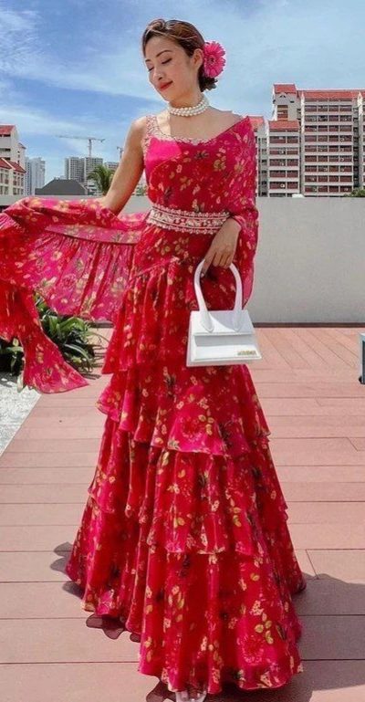 Nice Pink Georgette Silk Printed With Ruffle Layer Lehenga Choli