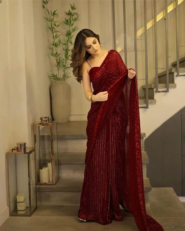Perfect Maroon Color Georgette Heavy Sequins Embroidery Saree