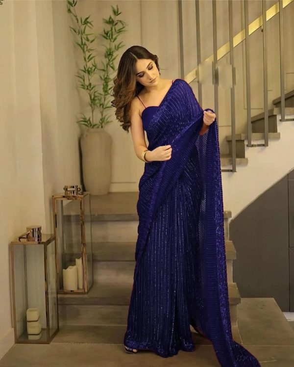 Perfect Navy Blue Color Georgette Heavy Sequins Embroidery Saree