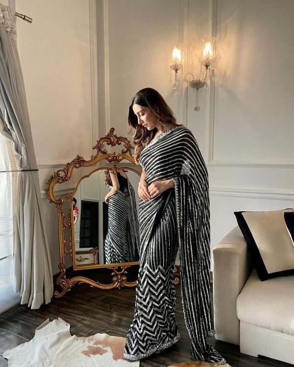 Special Black & White Color Georgette Embroidery Sequence Work Saree