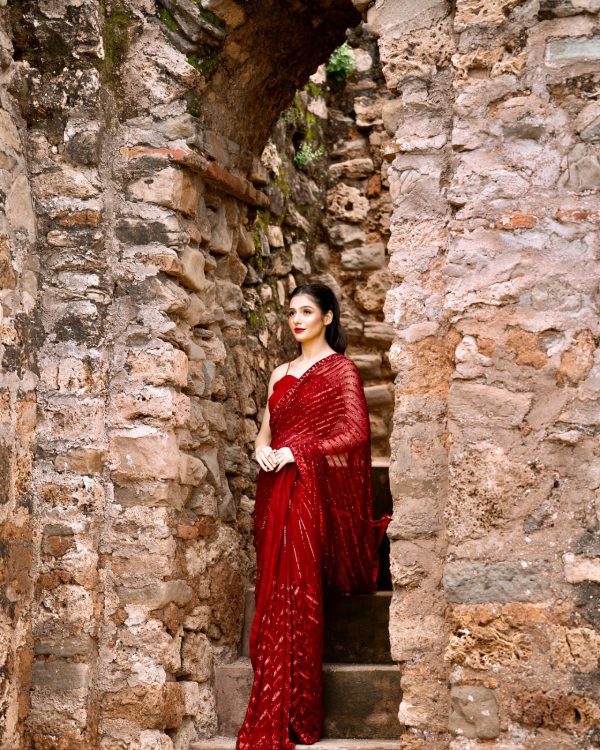 Red Georgette Embroidery Sequence Work Saree - Image 6
