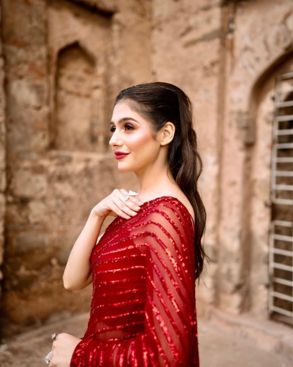 Red Georgette Embroidery Sequence Work Saree - Image 5