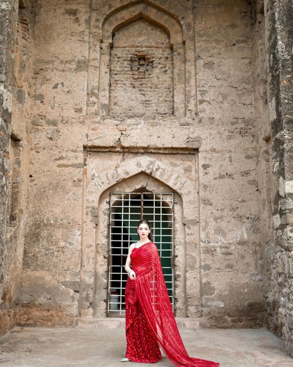 Red Georgette Embroidery Sequence Work Saree - Image 4