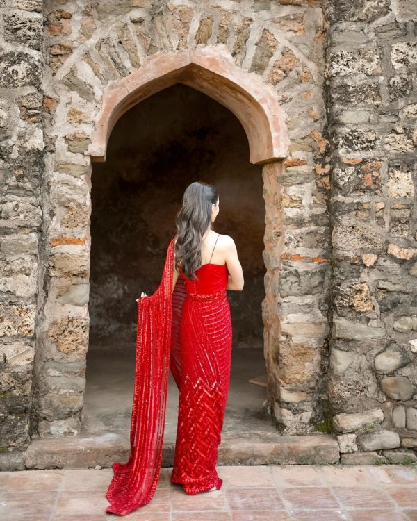Red Georgette Embroidery Sequence Work Saree - Image 2