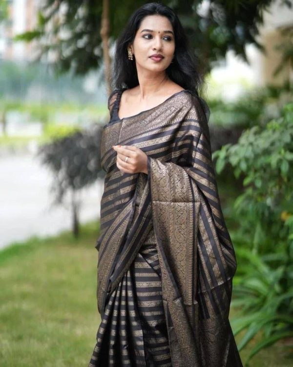 KP 4085 Black Color Soft Lichi Silk Jacquard On All Over Saree Casual, Party Wear, Wedding, Events Etc. Expected Delivery 4-6 Working Days @1399/- | Sarees, Bollywood Sarees, Creative Sarees, Designer Sarees, Embroidered Sarees, Ethnic Saree, Modern Digital sarees, Party Wear Sarees