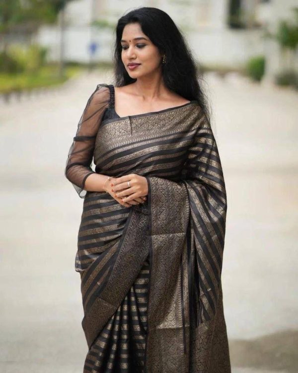 KP 4085 Black Color Soft Lichi Silk Jacquard On All Over Saree Casual, Party Wear, Wedding, Events Etc. Expected Delivery 4-6 Working Days @1399/- | Sarees, Bollywood Sarees, Creative Sarees, Designer Sarees, Embroidered Sarees, Ethnic Saree, Modern Digital sarees, Party Wear Sarees
