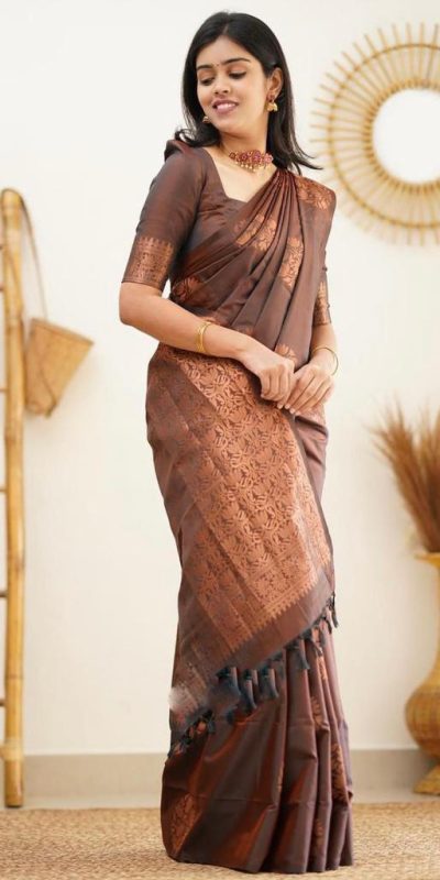 KP 4064 Coffee Color Soft Lichi Silk Jacquard On All Over Saree Casual, Party Wear, Wedding, Events Etc. Expected Delivery 4-6 Working Days @1249/- | Sarees, Bollywood Sarees, Creative Sarees, Designer Sarees, Embroidered Sarees, Ethnic Saree, Modern Digital sarees, Party Wear Sarees