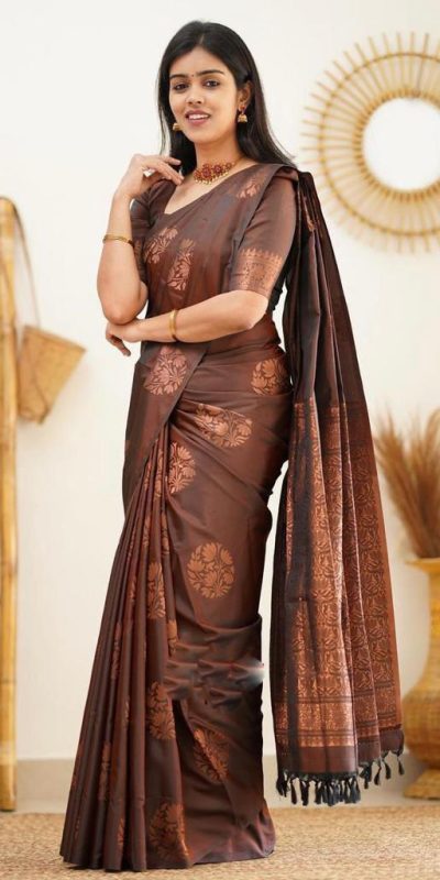 KP 4064 Coffee Color Soft Lichi Silk Jacquard On All Over Saree Casual, Party Wear, Wedding, Events Etc. Expected Delivery 4-6 Working Days @1249/- | Sarees, Bollywood Sarees, Creative Sarees, Designer Sarees, Embroidered Sarees, Ethnic Saree, Modern Digital sarees, Party Wear Sarees