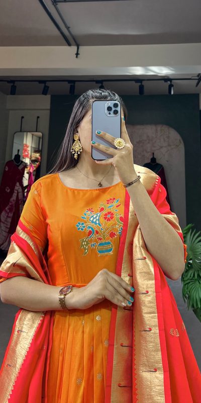 YNF5302 Orange Color Jacquard Silk Paithani Zari Designer Gown Casual, Wedding Festive, Events, Designer Party Wear Expected Delivery 4-6 Working Days @1849 | Gowns, Bollywood Gowns, Creative Gowns, Designer Gowns, Embroidered Gowns, Party Wear Gowns