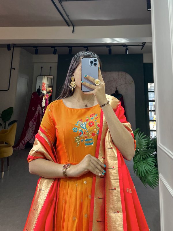 YNF5302 Orange Color Jacquard Silk Paithani Zari Designer Gown Casual, Wedding Festive, Events, Designer Party Wear Expected Delivery 4-6 Working Days @1849 | Gowns, Bollywood Gowns, Creative Gowns, Designer Gowns, Embroidered Gowns, Party Wear Gowns