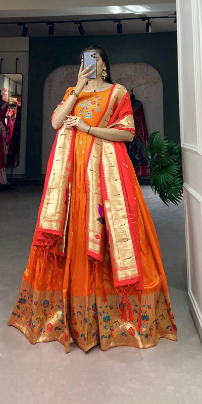 YNF5302 Orange Color Jacquard Silk Paithani Zari Designer Gown Casual, Wedding Festive, Events, Designer Party Wear Expected Delivery 4-6 Working Days @1849 | Gowns, Bollywood Gowns, Creative Gowns, Designer Gowns, Embroidered Gowns, Party Wear Gowns