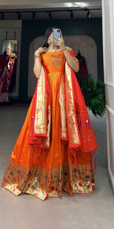 YNF5302 Orange Color Jacquard Silk Paithani Zari Designer Gown Casual, Wedding Festive, Events, Designer Party Wear Expected Delivery 4-6 Working Days @1849 | Gowns, Bollywood Gowns, Creative Gowns, Designer Gowns, Embroidered Gowns, Party Wear Gowns