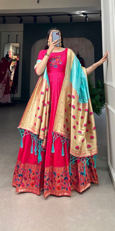 YNF5302  Pink Color Jacquard Silk Paithani Zari Designer Gown Casual, Wedding, Festive, Events, Designer Party Wear,  Expected Delivery 4-6 Working Days @1849 | Gowns, Bollywood Gowns, Creative Gowns, Designer Gowns, Embroidered Gowns, Party Wear Gowns