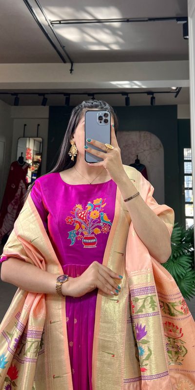 YNF5302 Purple Color Jacquard Silk Paithani Zari Designer Gown Casual, Wedding Festive, Events, Designer Party Wear Expected Delivery 4-6 Working Days @1849 | Gowns, Bollywood Gowns, Creative Gowns, Designer Gowns, Embroidered Gowns, Party Wear Gowns