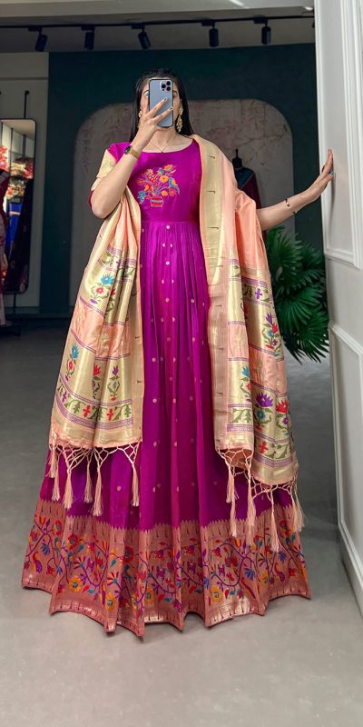 YNF5302 Purple Color Jacquard Silk Paithani Zari Designer Gown Casual, Wedding Festive, Events, Designer Party Wear Expected Delivery 4-6 Working Days @1849 | Gowns, Bollywood Gowns, Creative Gowns, Designer Gowns, Embroidered Gowns, Party Wear Gowns