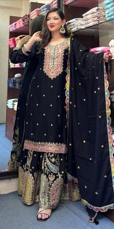 Cute Black Color Chinnon Silk Embroidery Sequence Salwar Suit