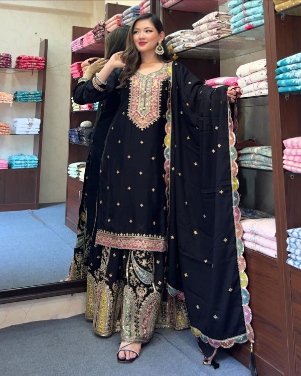 Cute Black Color Chinnon Silk Embroidery Sequence Salwar Suit