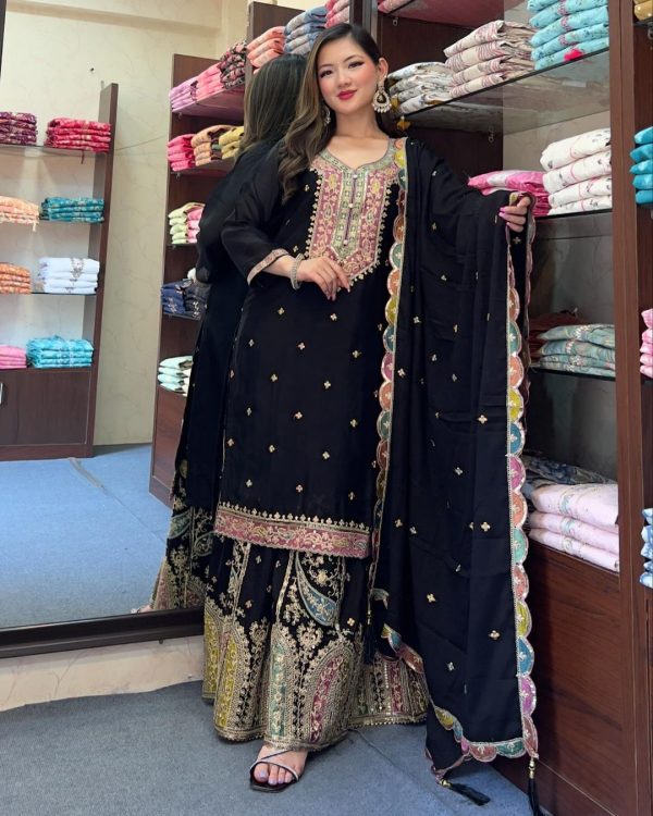 Cute Black Color Chinnon Silk Embroidery Sequence Salwar Suit