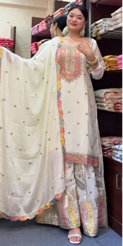 Cute White Color Chinnon Silk Embroidery Sequence Salwar Suit