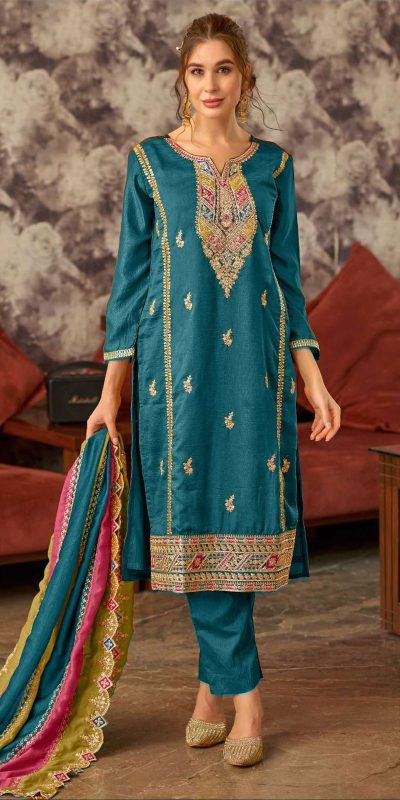 Fancy Blue Color Vichitra Embroidery Codding Sequence Salwar Suit