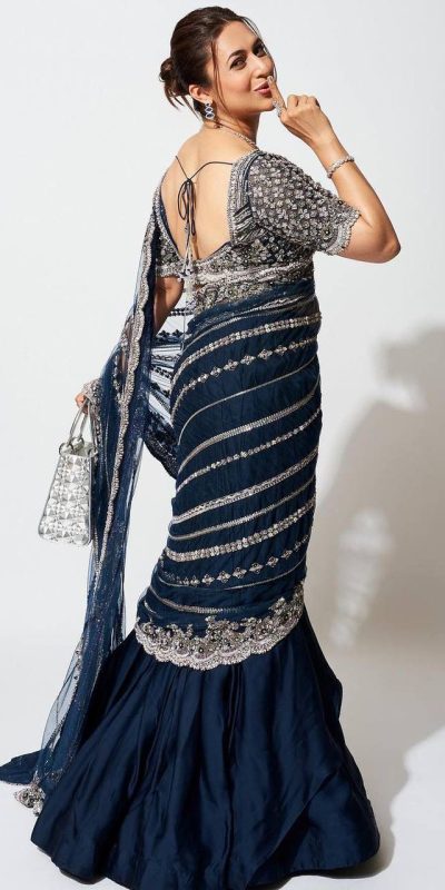Fancy Navy Blue Color Blooming Vichitra Embroidery Lehenga Saree