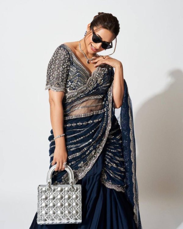Fancy Navy Blue Color Blooming Vichitra Embroidery Lehenga Saree