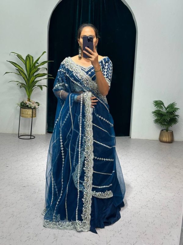 Fancy Royal Blue Color Blooming Vichitra Embroidery Lehenga Saree