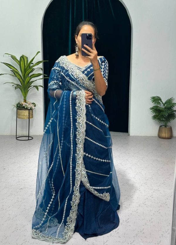 Fancy Royal Blue Color Blooming Vichitra Embroidery Lehenga Saree