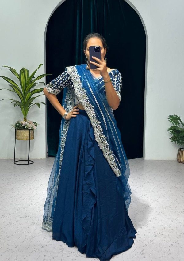 Fancy Royal Blue Color Blooming Vichitra Embroidery Lehenga Saree