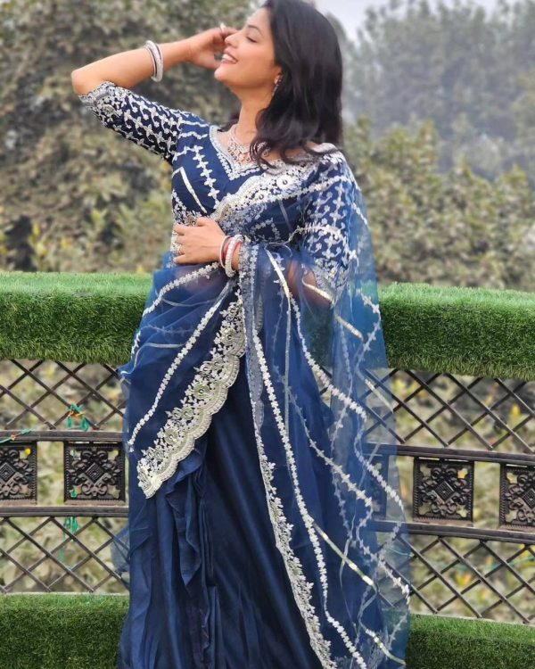 Fancy Royal Blue Color Blooming Vichitra Embroidery Lehenga Saree
