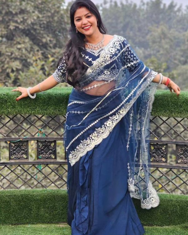 Fancy Royal Blue Color Blooming Vichitra Embroidery Lehenga Saree