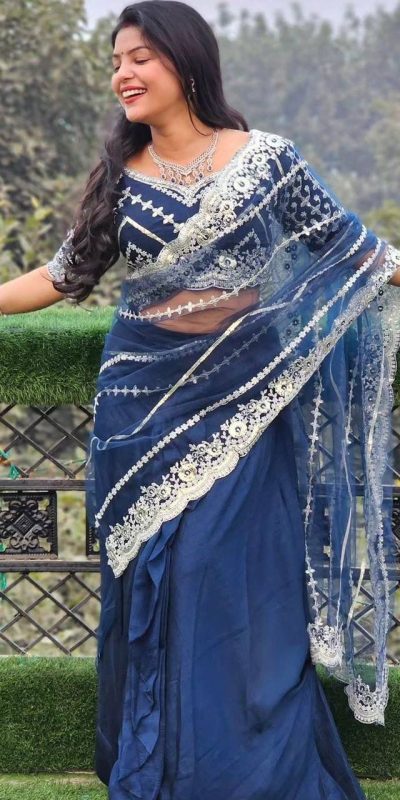 Fancy Royal Blue Color Blooming Vichitra Embroidery Lehenga Saree