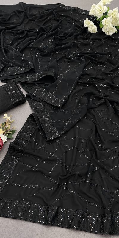 Glamorous Black Color Georgette Sequins Embroidery Work Saree