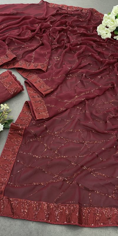 Glamorous Maroon Color Georgette Sequins Embroidery Work Saree