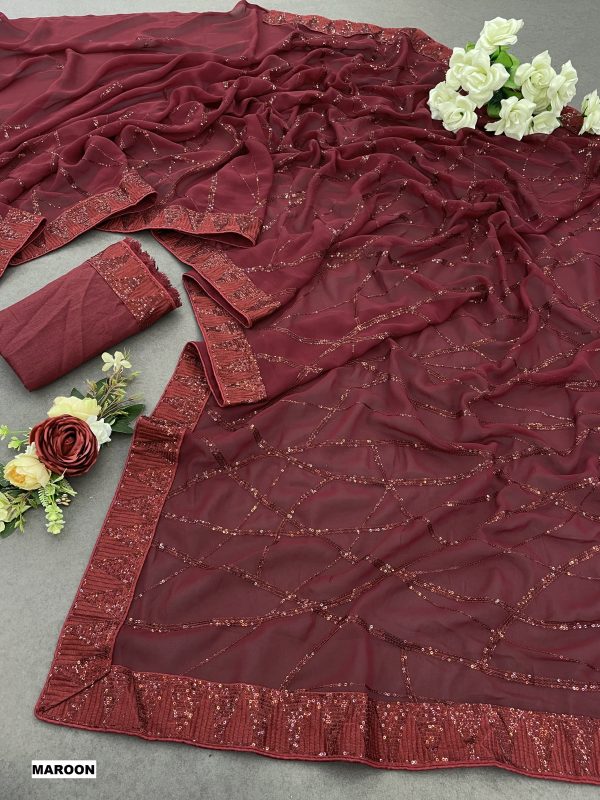 Glamorous Maroon Color Georgette Sequins Embroidery Work Saree