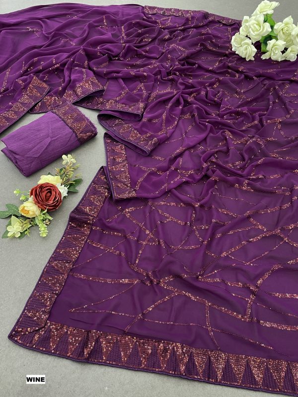 Glamorous Purple Color Georgette Sequins Embroidery Work Saree